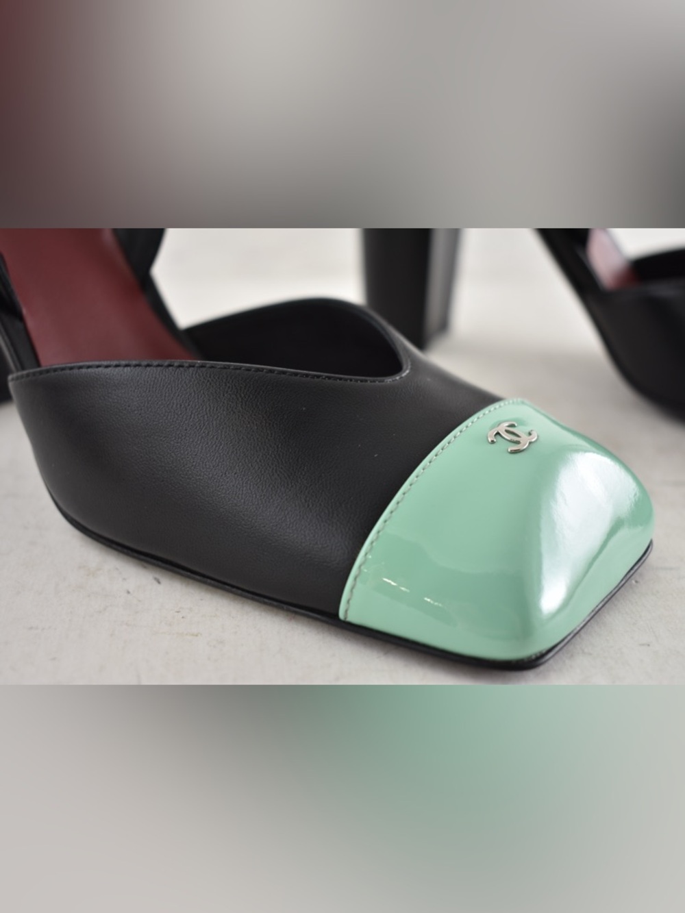 Chanel 26S Blazy Black Mint Green Square CC Sling Slingback Block Heel Pump 37.5 - Picture 5 of 16